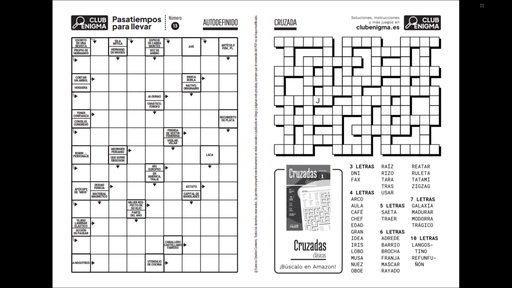 Pasatiempos Para Llevar N 13 Autodefinido Y Cruzada Club Enigma